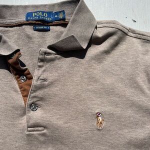Men's Polo Ralph Lauren Polo Shirt Beige Solid M Preppy Heritage Long Sleeve